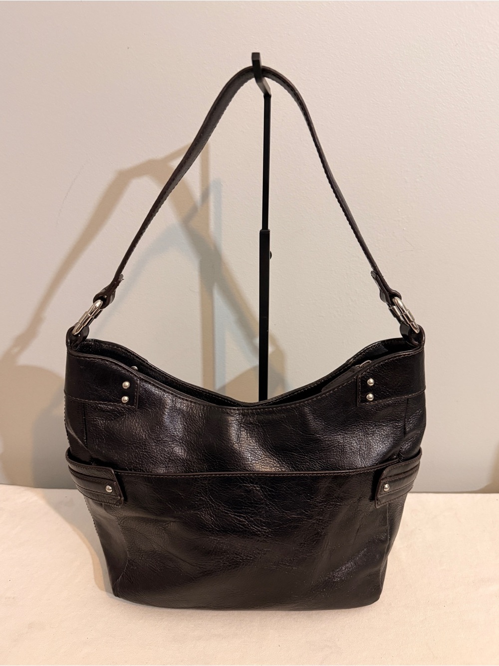Etienne Aigner Black Leather Hobo Shoulder Bag Buckle Accents Y2K - Picture 4 of 16